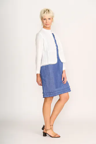 Model wearing White Fringe Festival Jacket By Foil Available at Beetees Nelson